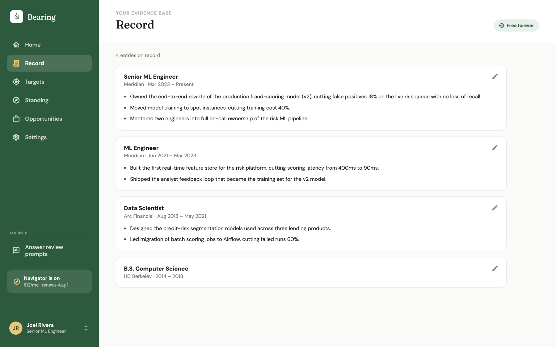 Record screen: roles with bulleted wins and receipts