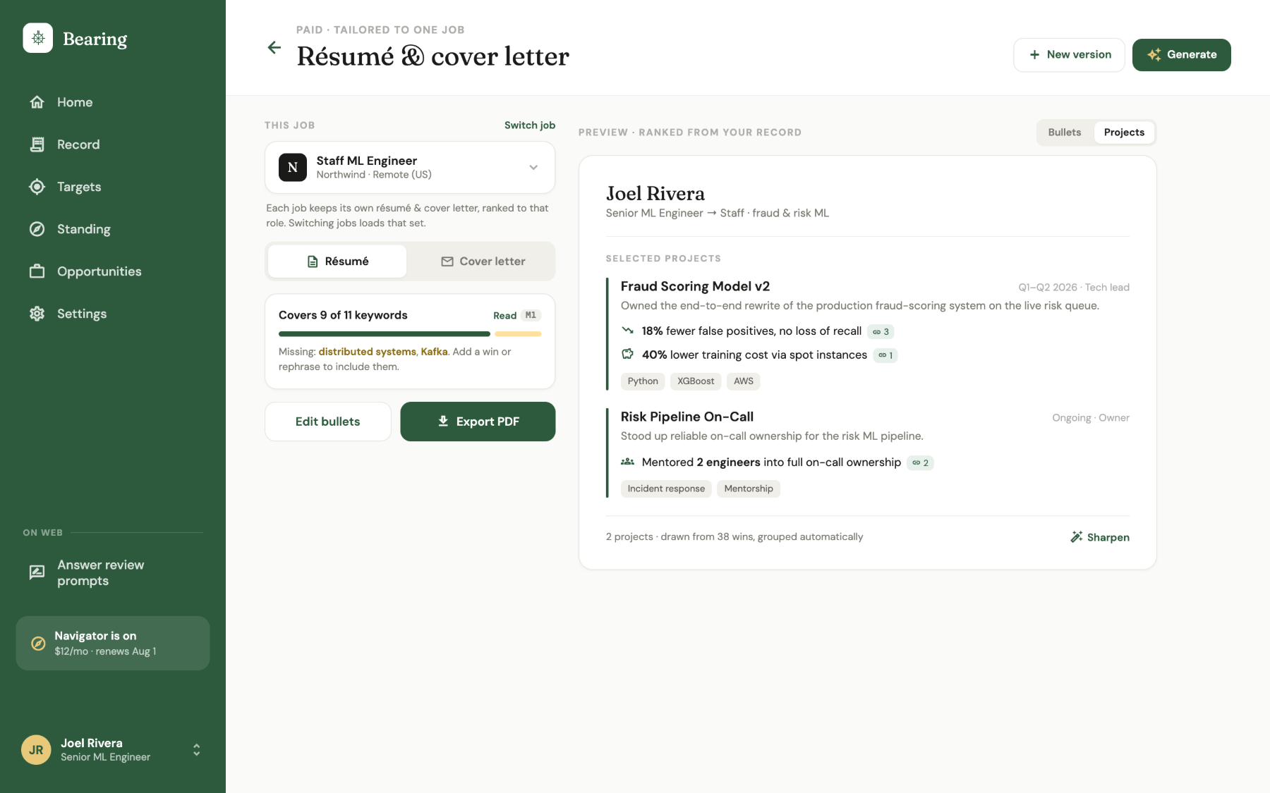 Résumé and cover letter screen with keyword coverage and ranked projects