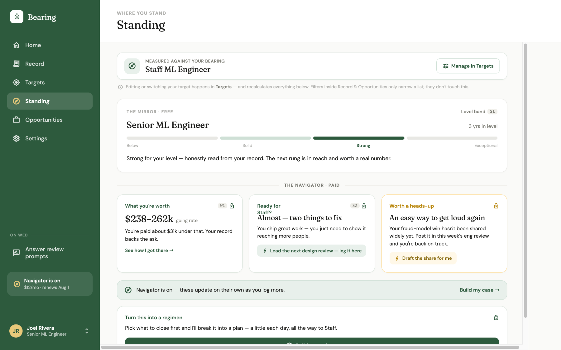 Standing screen: level band, going rate and readiness reads